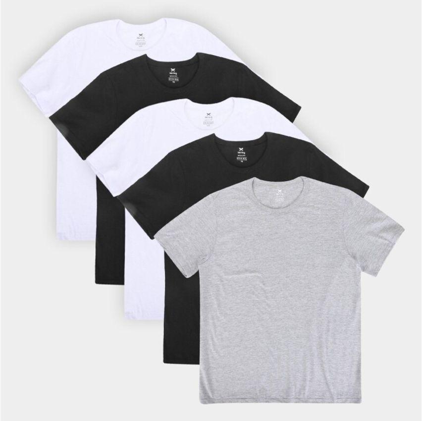 Kit Camiseta Hering Básica Masculina 5 Peças - Branco+Preto