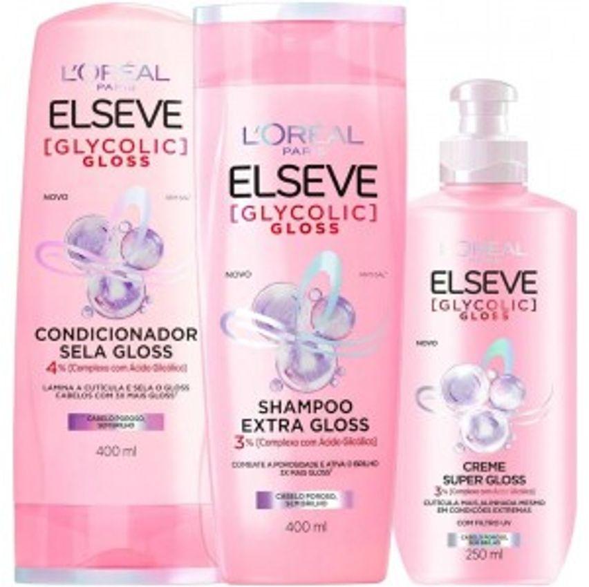 Kit Glycolic Gloss: Shampoo + Condicionador + Creme para Pentear, Elseve