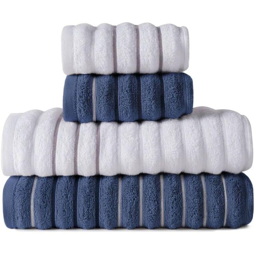 Kit com 4 Toalhas de Banho 100% Algodão Macia Felpuda e Alta Absorção (Azul e Branco)