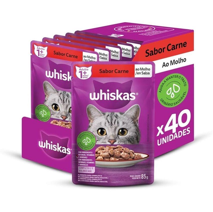 Pack de Ração Úmida Whiskas Sachê Carne ao Molho para Gatos Adultos 40 sachês de 85 g