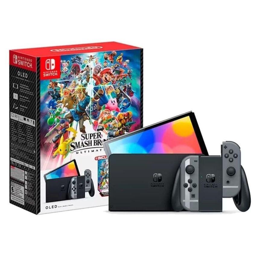 Console Nintendo Switch Oled Cinza com Jogo Super Smash Bros