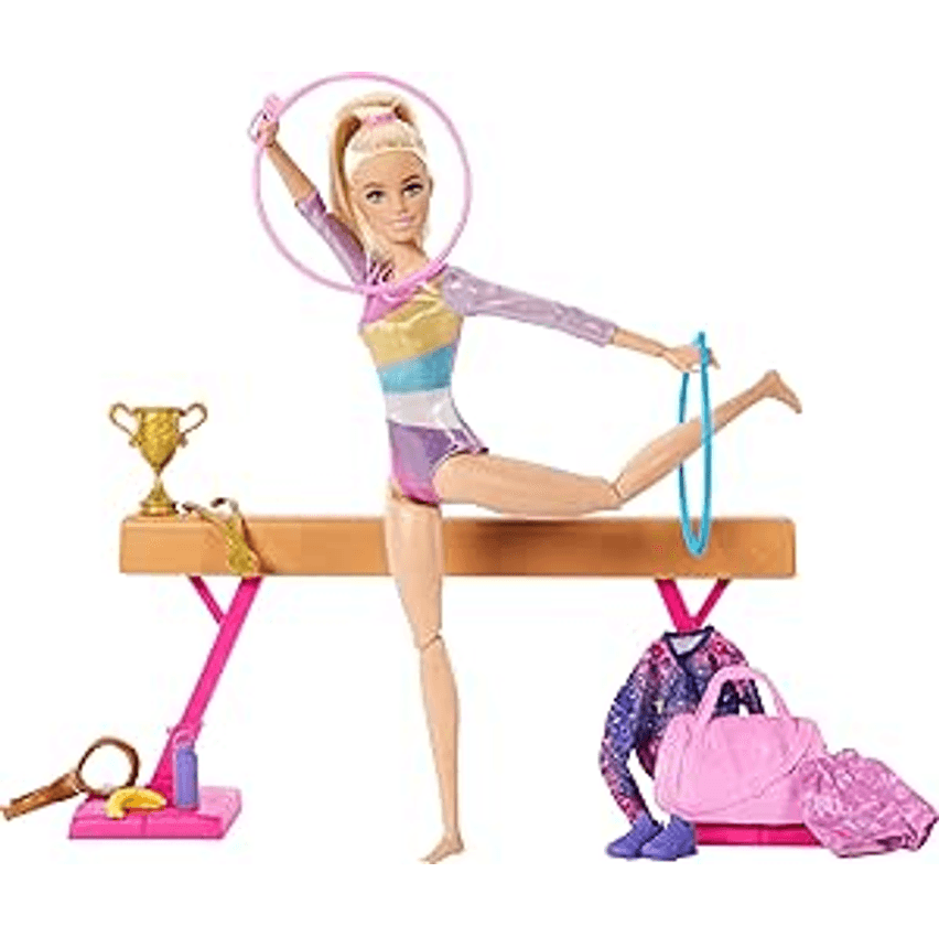 Barbie Profissões, Conjunto de Brinquedo com 1 Boneca Ginasta de Cabelo Loiro com Recurso de Salto com Giro, Trave de Equilíbrio e + de 10 Acessórios, Para Crianças A Partir de 3 Anos