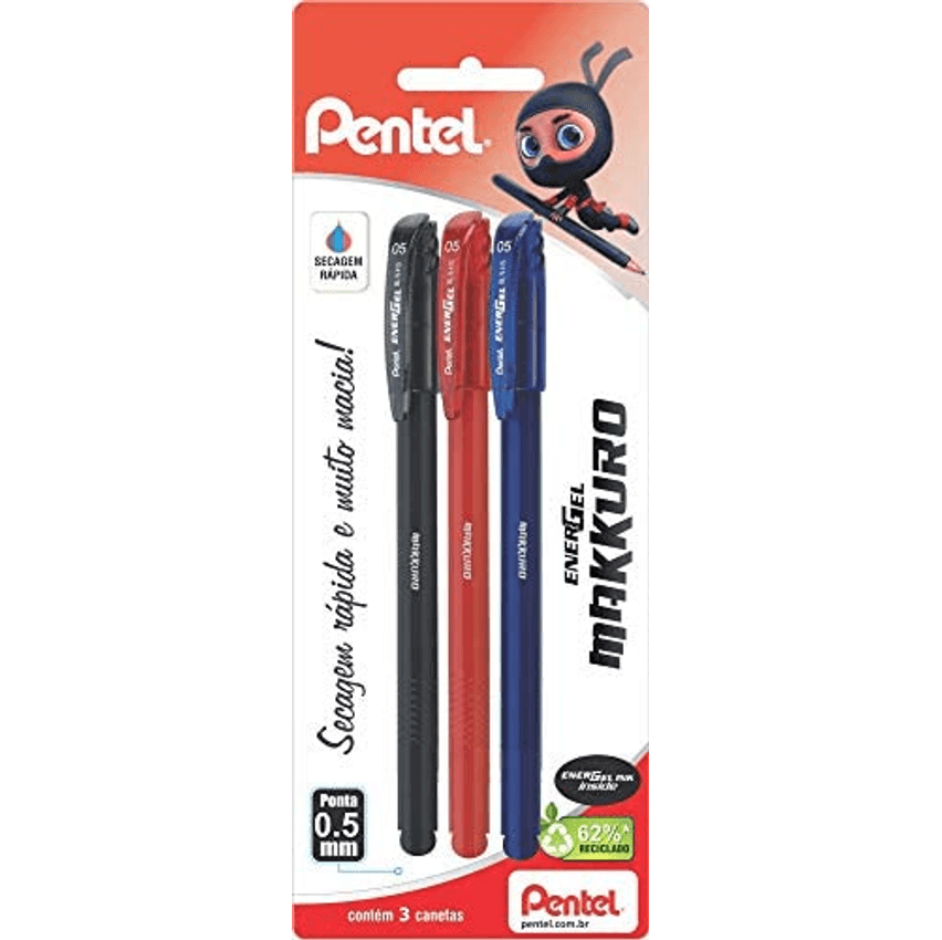 Caneta Gel, Pentel, Energel, Makkuro, 0.5mm, Preta,Vermelha,Azul, SM/BLN415-ABC