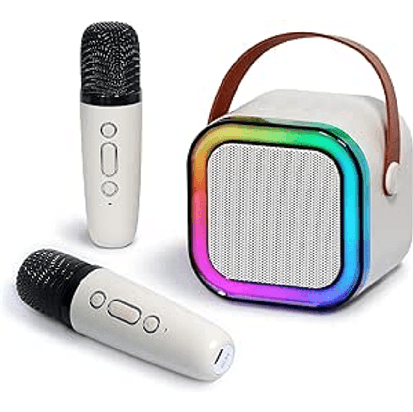 Pequeno Portátil Bluetooth Microfone Karaoke Caixa De Som, Luzes Led Dinâmicas Embutidas, Com 2 Microfone Sem Fio, Para Infantil Adultos Familiares, Ar Livre, Fogueira, Festa Presente