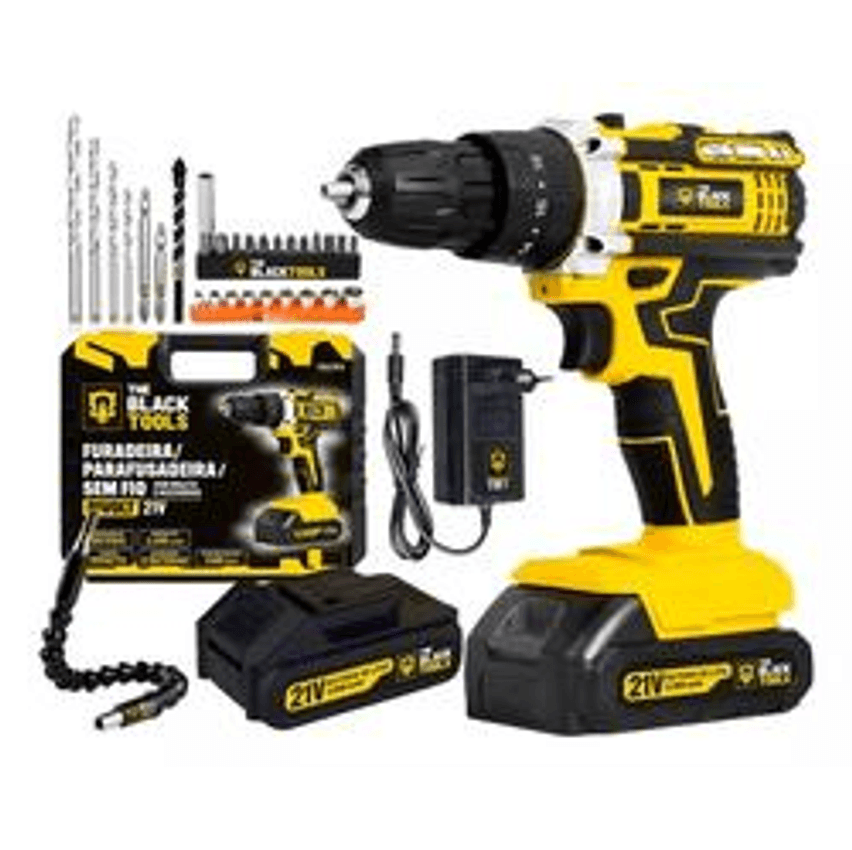 Parafusadeira Furadeira De Impacto Profissional 21v Modelo TB-21PX 2 Baterias Com Maleta The Black Tools 110/220V 60Hz Amarelo