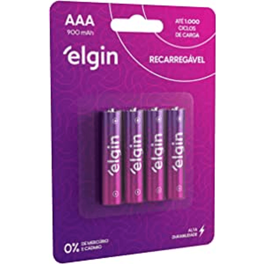 Pilha recarregável AAA 900mAh Elgin com 4 unidades Palito