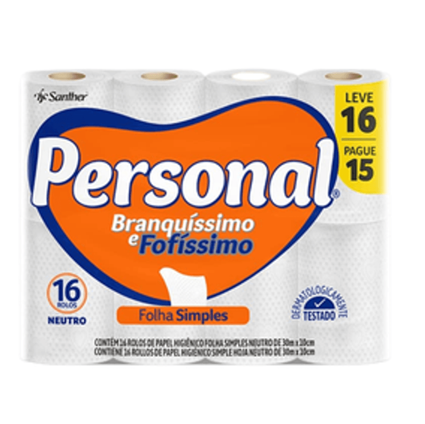 Papel Higiênico Personal Branquíssimo e Fofíssimo Folha Simples Leve 16 Pague 15 rolos de 30 m